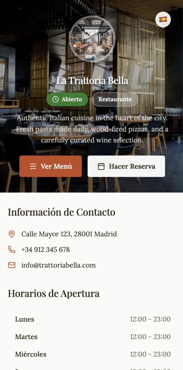 Vista previa del sitio web del restaurante